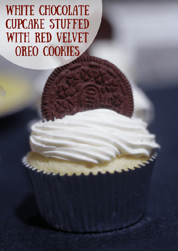 White Chocolate Cupcakes Stuffed with Red Velvet Oreo Cookies